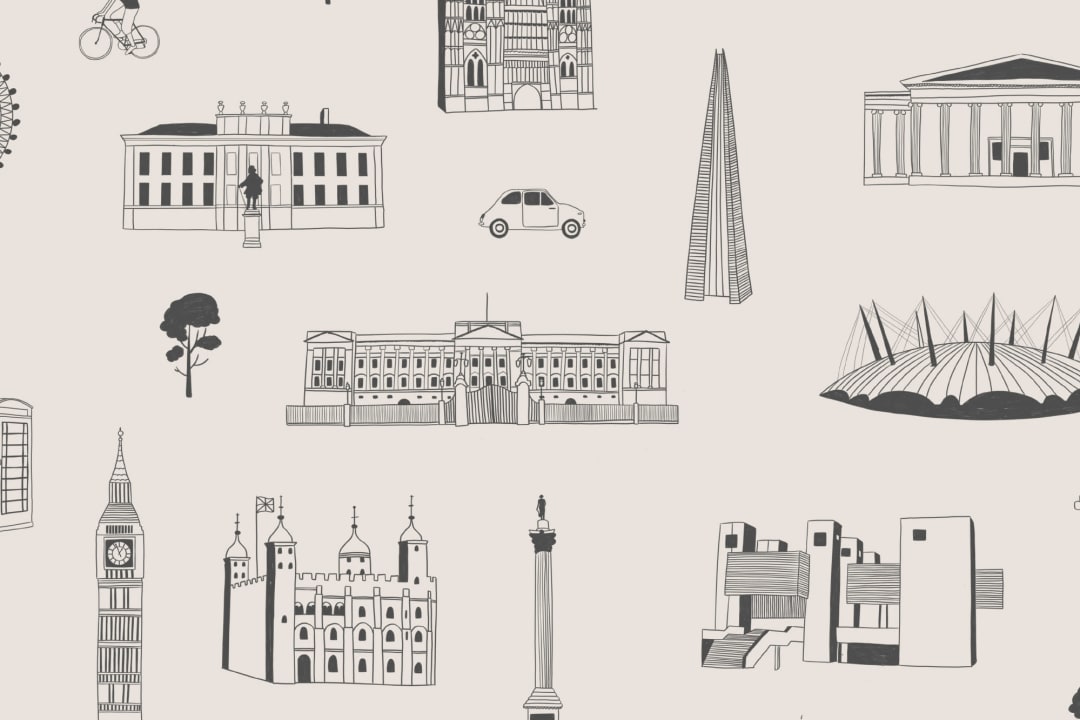 London City Landmarks Gray and White Repeat Pattern Wallpaper