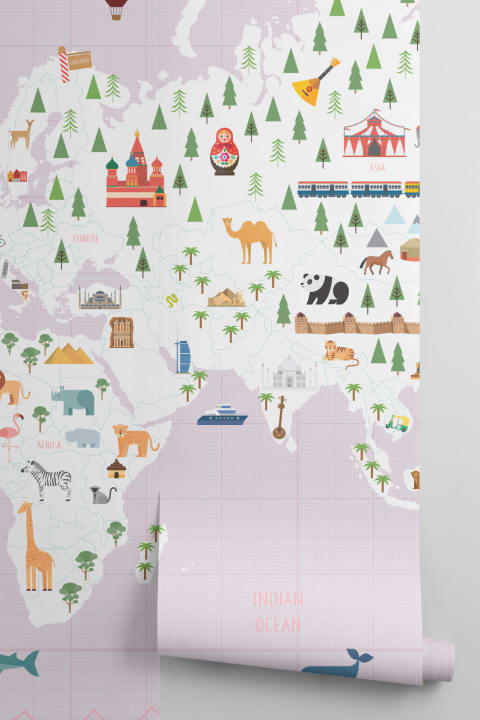 Graph Paper Pink Map Wallpaper Mural