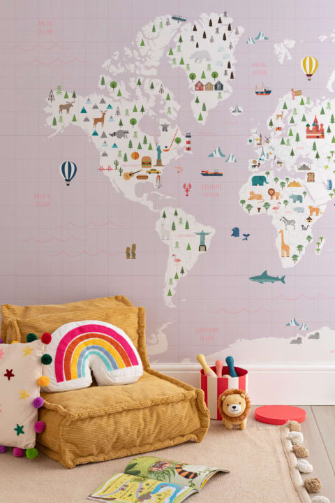 Carta da Parati con Mappa del Mondo Educativa per Bambini Fondo Rosa