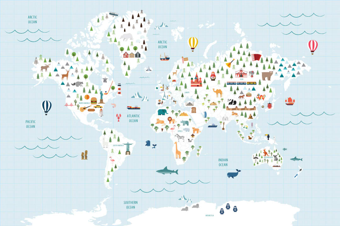 Cartoon Blue Grid Paper World Map Wallpaper Mural