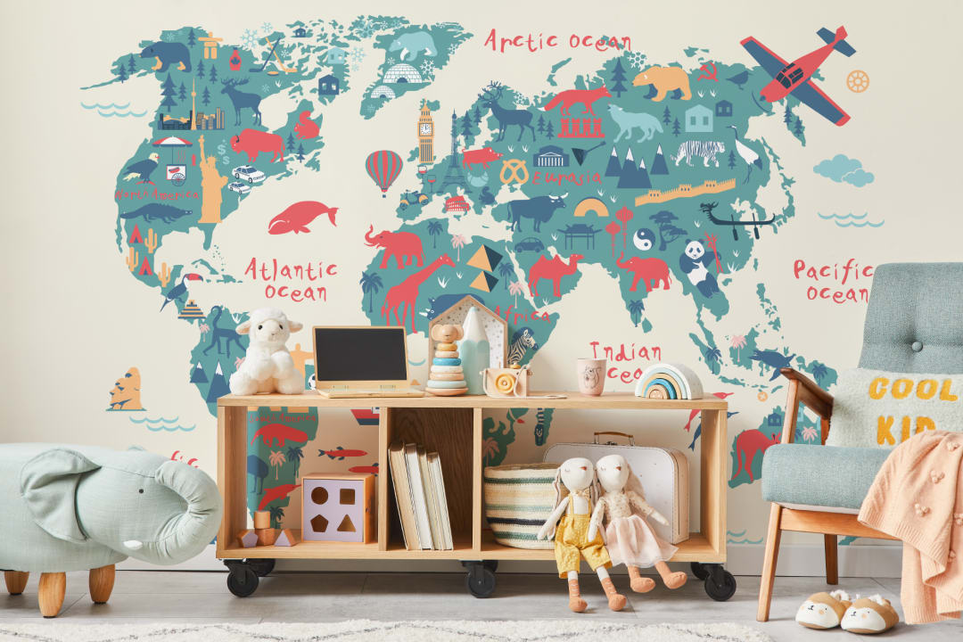 Papier Peint Panoramique Carte Mondiale des Enfants Explorateurs