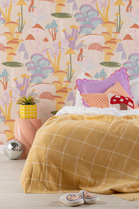 Bright Multicolor Hand Drawn Mushrooms on Beige Wallpaper