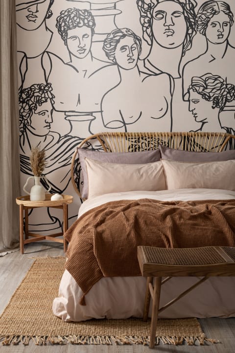 Black Line Drawing Greek God Statue Pattern Wallpaper Mural