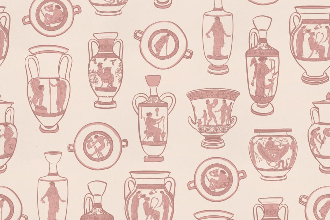 Dusty Pink Ancient Greek Pottery Pattern Wallpaper Mural