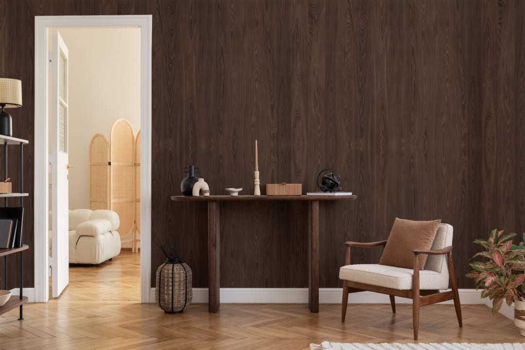 Earthy Walnut Faux Wood Mural For Luxurious Rich Atmosphere