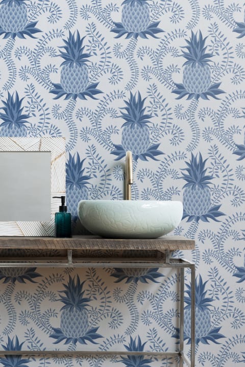 Blue Vintage Pineapple Repeat Pattern Wallpaper
