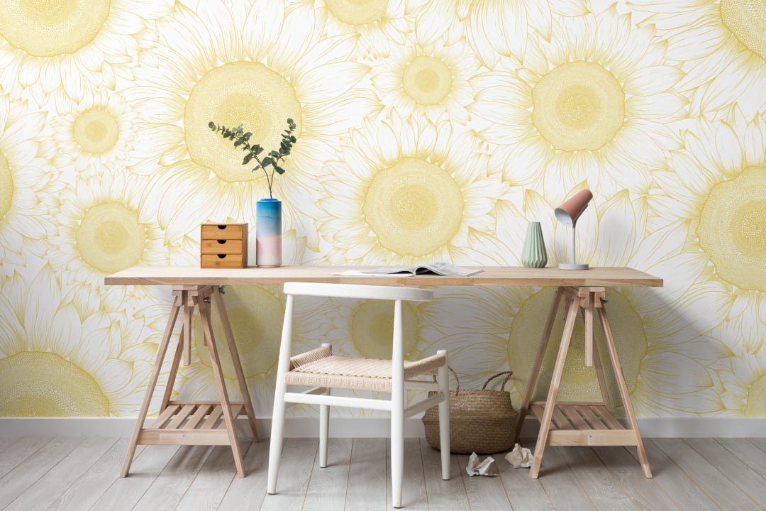 Yellow Sunflower Etch Floral Wallpaper Mural