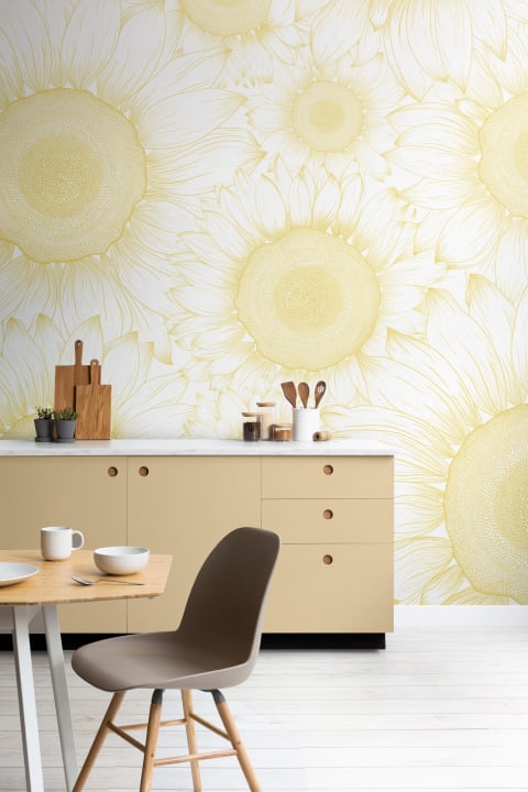 Yellow Sunflower Etch Floral Wallpaper Mural