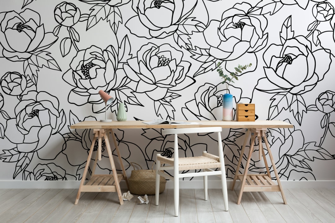 Black & White Line Drawing Floral Pattern Wallpaper Mural