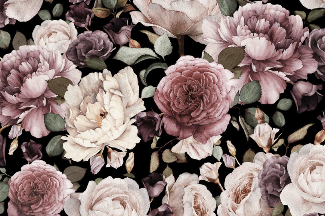 Papier Peint Fleuri avec Motif de Roses sur Fond Noir