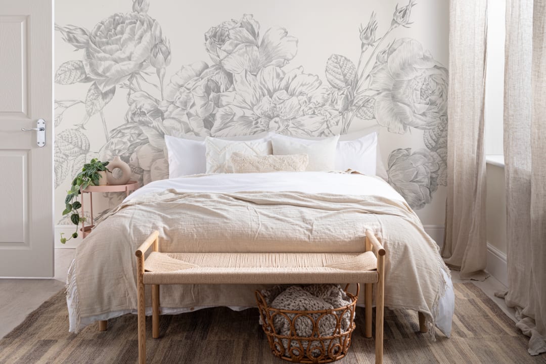 Gray Large Illustrated Roses Wallpaper Mural