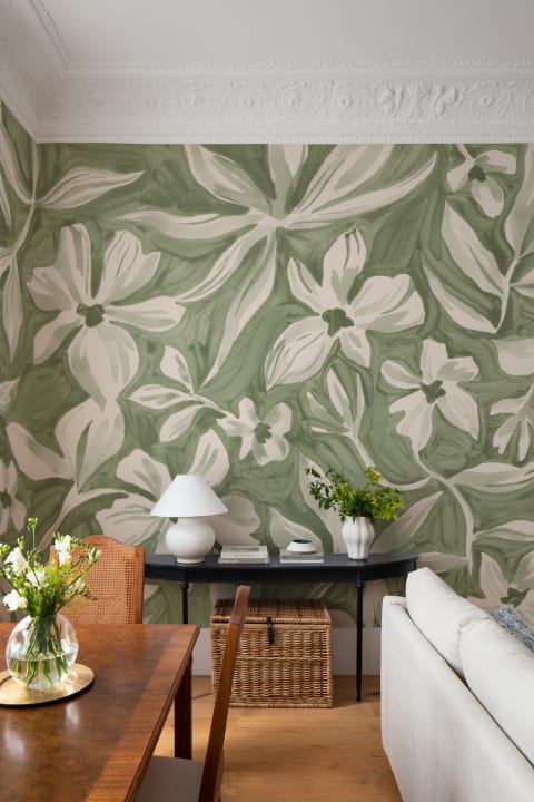 Grön botanisk blommural-tapet för inbjudande rum