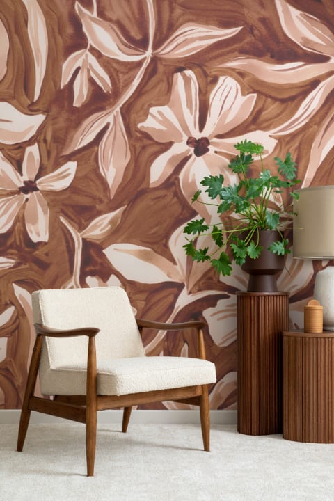 Murale con elegante motivo botanico floreale marrone