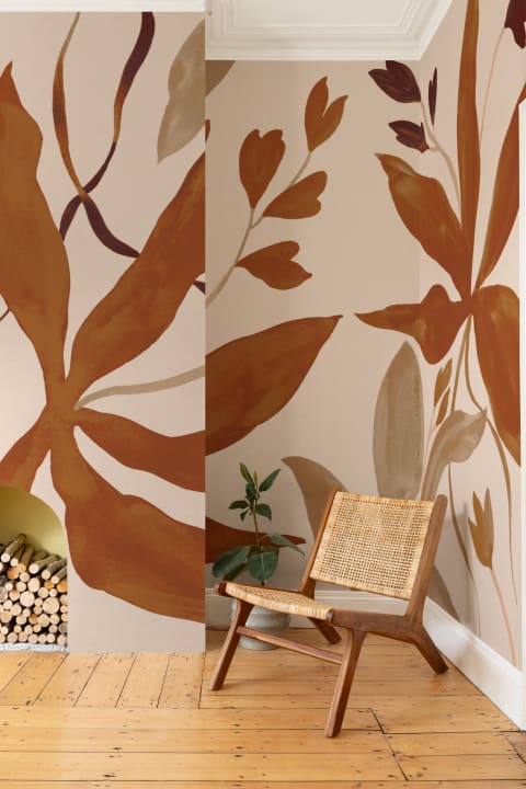 Pomarańczowa fototapeta botaniczna w stylu art deco dla swobodnie szykownego klimatu