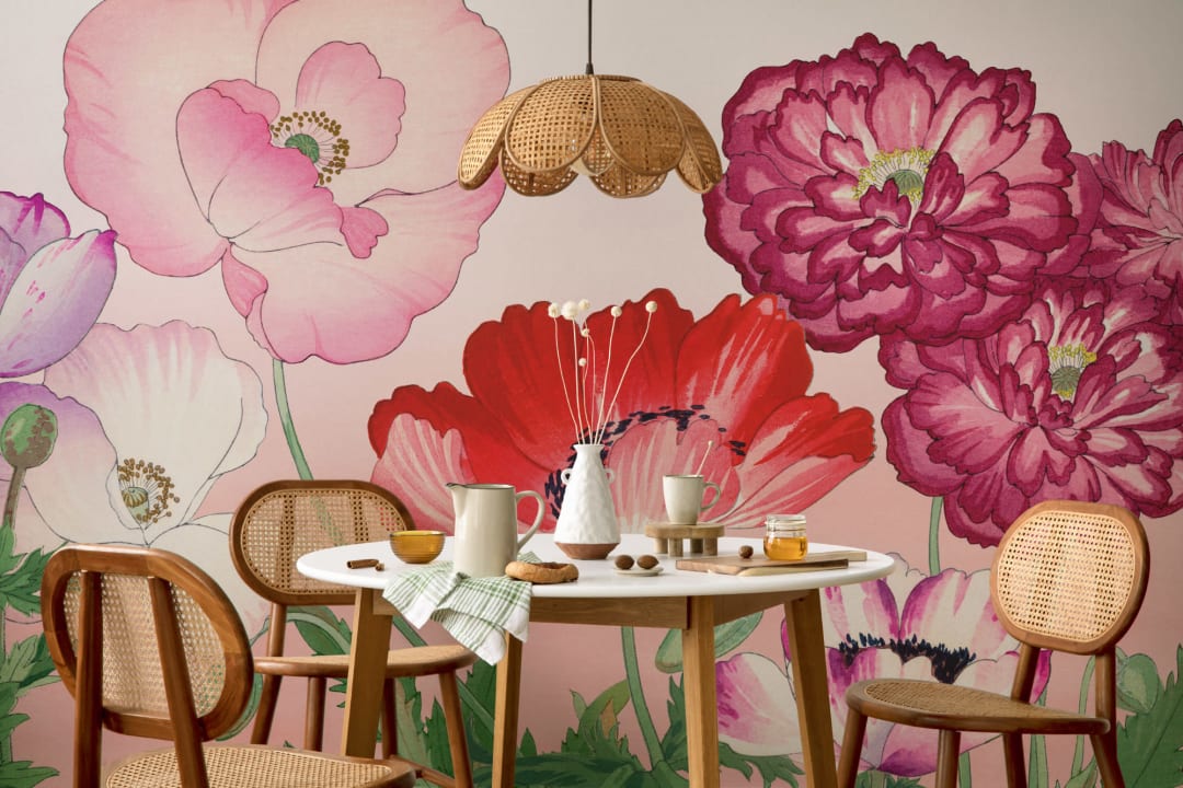 Pink Poppy Japanese Watercolor Floral Mural