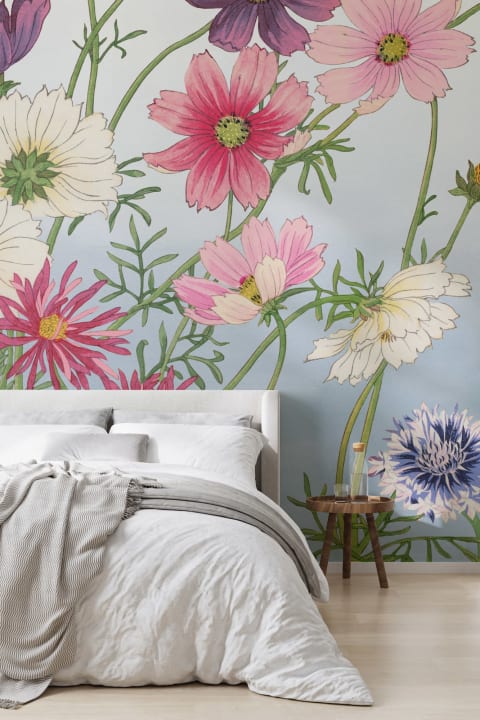 Cosmos Japanese Watercolour Floral Mural