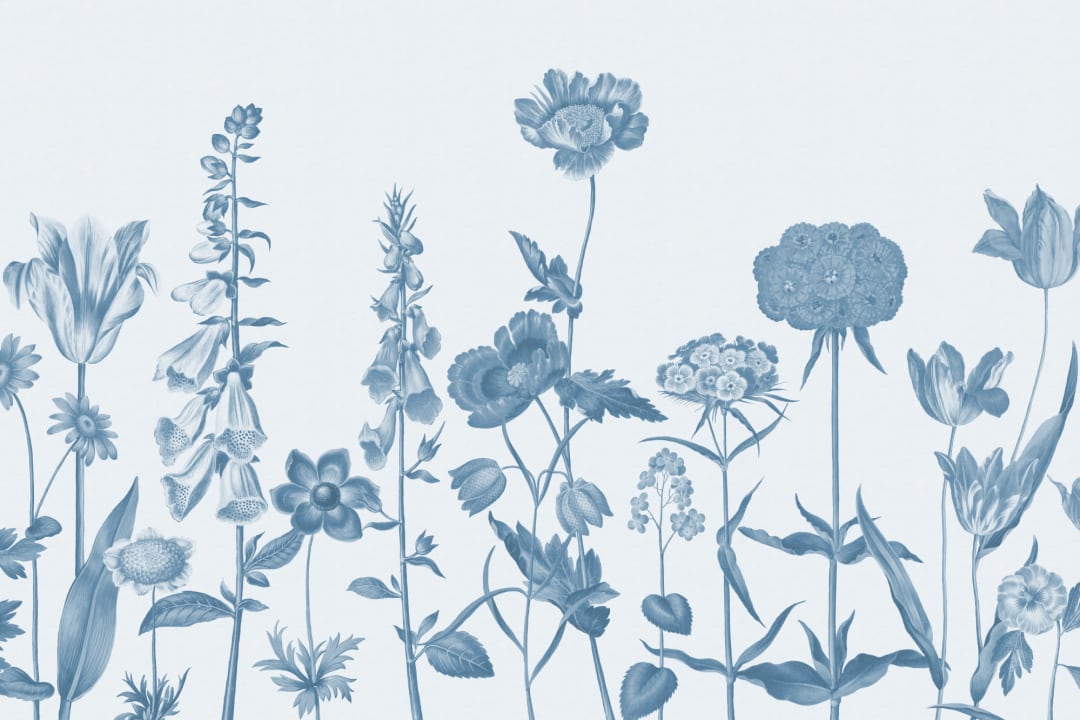 Blå illustrerad vildblomma väggmålning