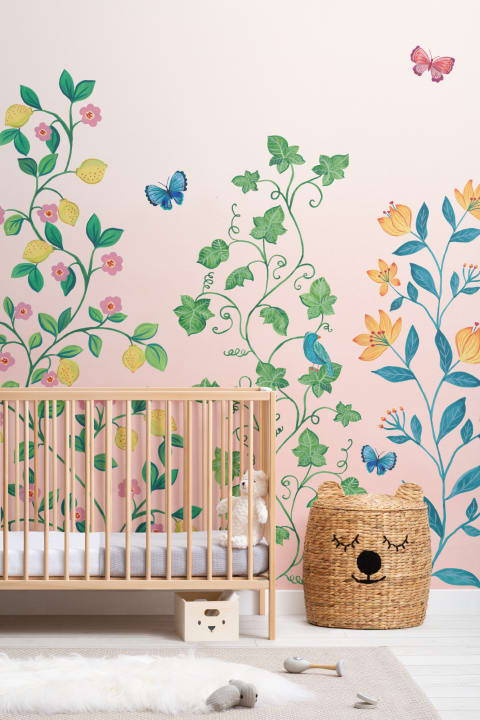 Pink Whimsical Climbing Botanicals Mural