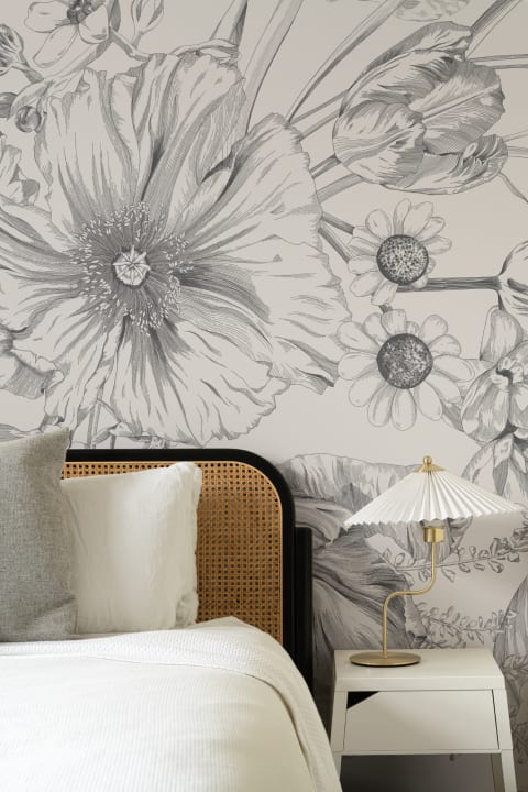 Monochrome Illustrated Floral Bouquet Mural