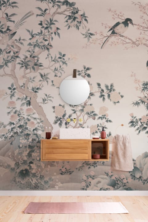 Pink Chinoiserie Vintage Garden Scene fototapet