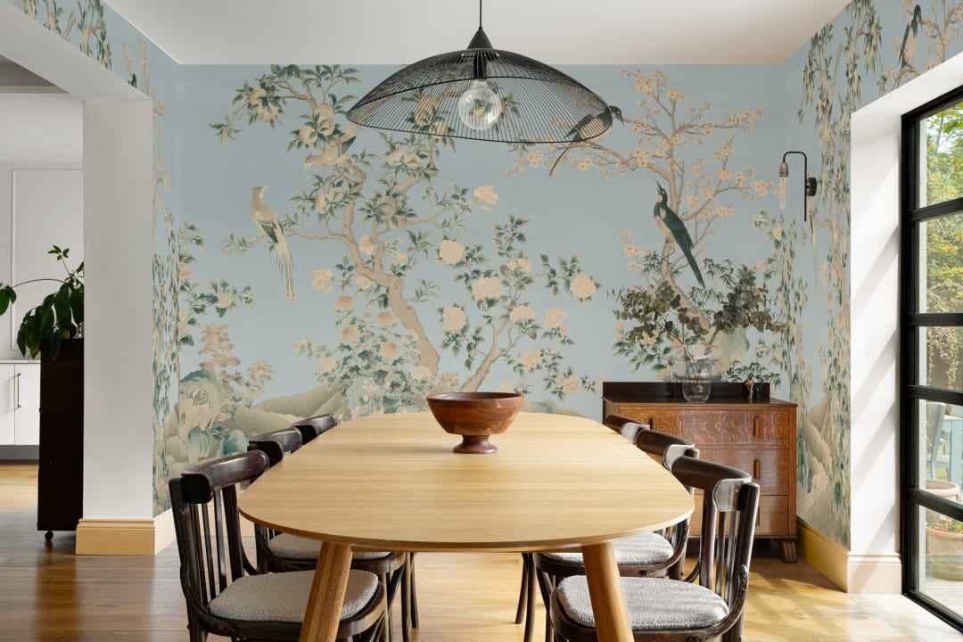 Blå Chinoiserie Vintage Garden Scene Mural-tapeter