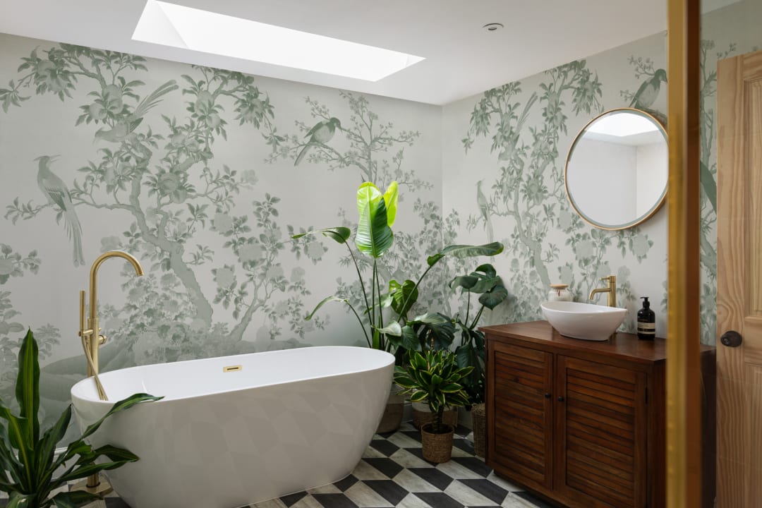 Tonal Green Chinoiserie Vintage Garden Scene Mural