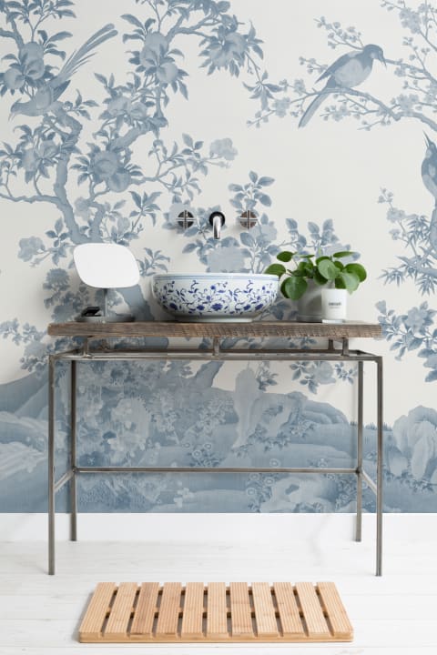 Tonal Blue Chinoiserie Vintage Garden Scene Mural