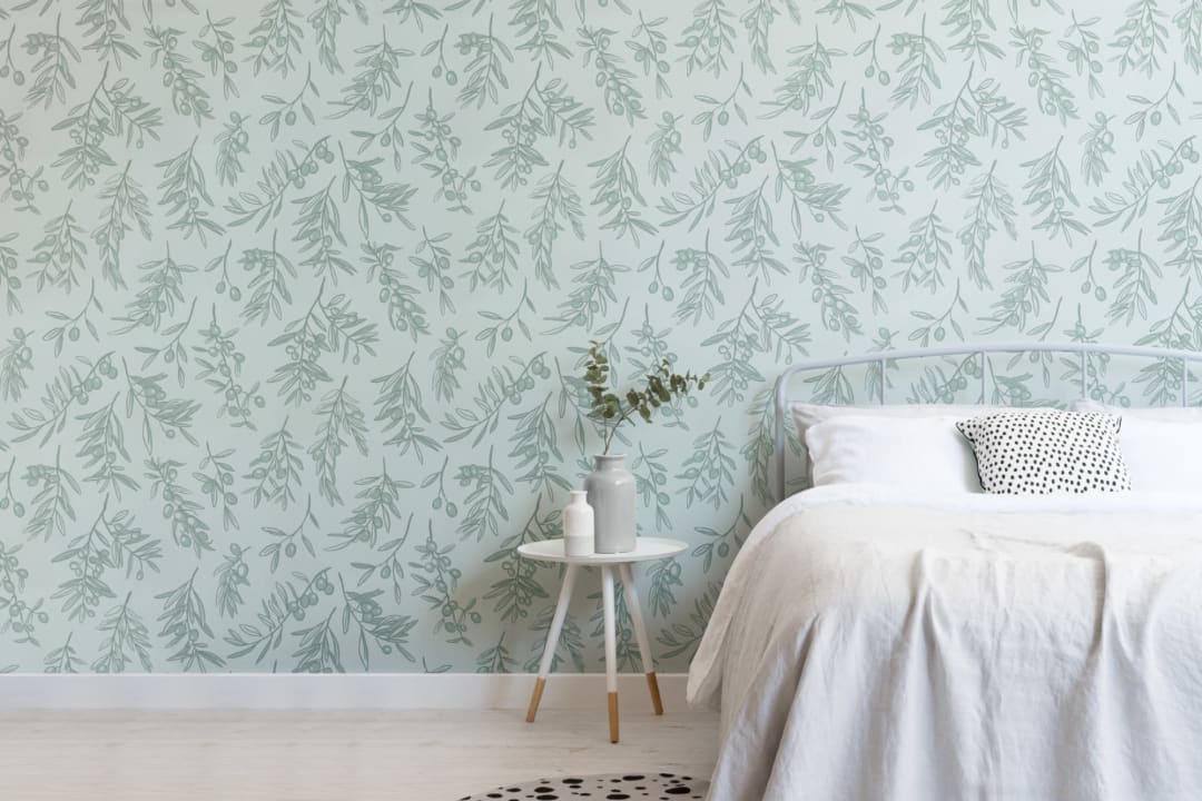 Mint Green Ancient Greek Olive Branch Pattern Wallpaper Mural