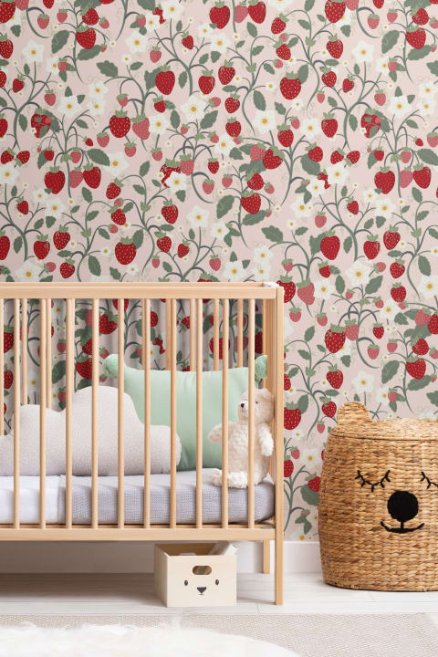 Cute Pink Strawberry and Flowers Kids Repeat Pattern Wallpaper