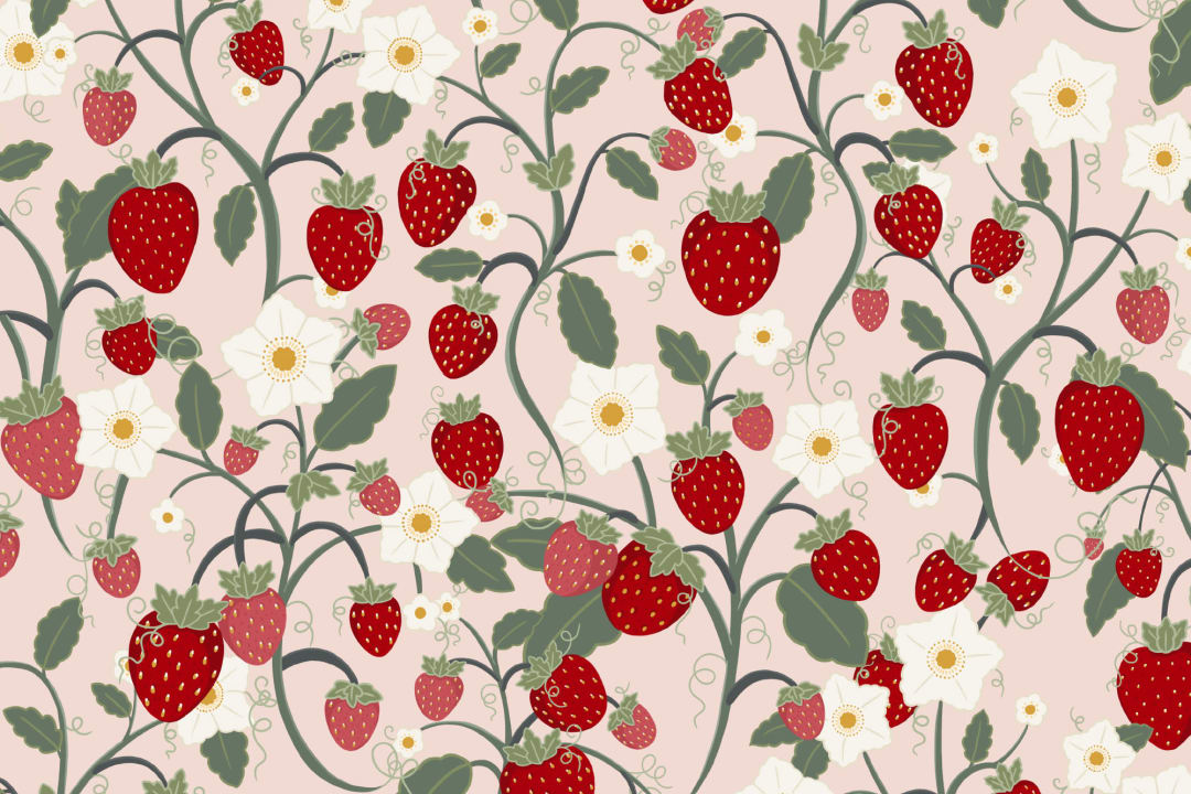 Cute Pink Strawberry and Flowers Kids Repeat Pattern Wallpaper