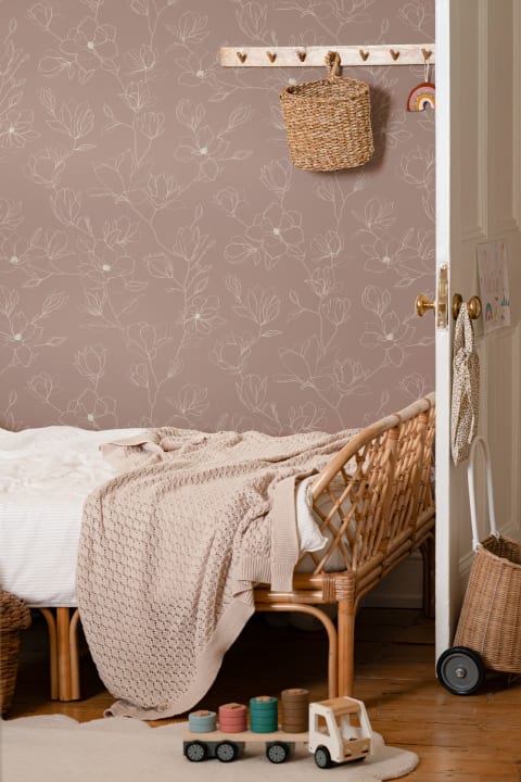 Carta da Parati con Motivo di Fiori di Ciliegio in Beige e Rosa Scuro