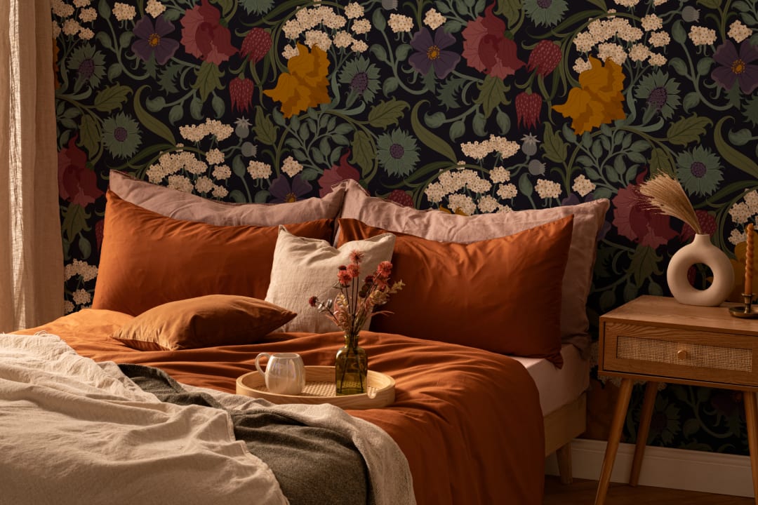 Vintage Colourful Dark Floral Repeat Pattern Wallpaper