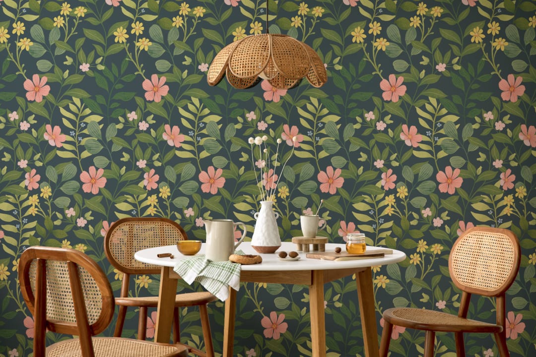 Dark Navy Floral Garden Repeat Pattern Wallpaper