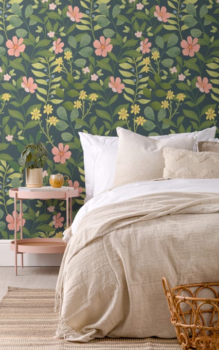 Dark Navy Floral Garden Repeat Pattern Wallpaper
