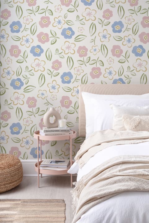 Pink & Blue Floral Block Print Wallpaper