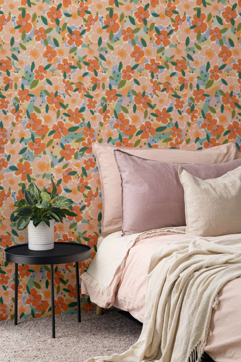 Orange Oil Painted Style Fun Floral Wallpaper