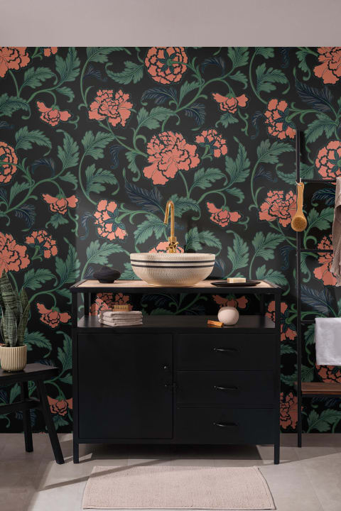 Peony Chinese Ornaments Illustrations Black Wall Mural