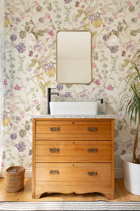 Evelina Pink Floral Wallpaper with Hand Drawn Vintage Botanical Pattern