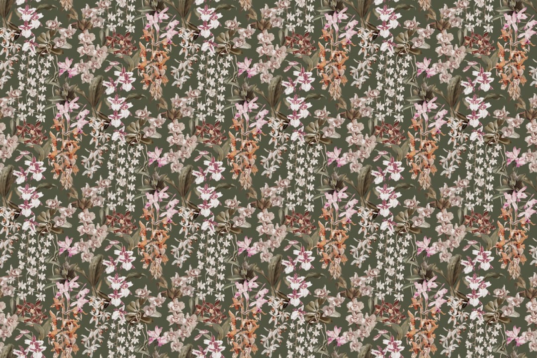 Green Vintage Floral Nature Mural With Orchids Design