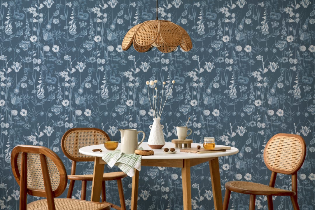 Blue Illustrated Wildflower Wallpaper