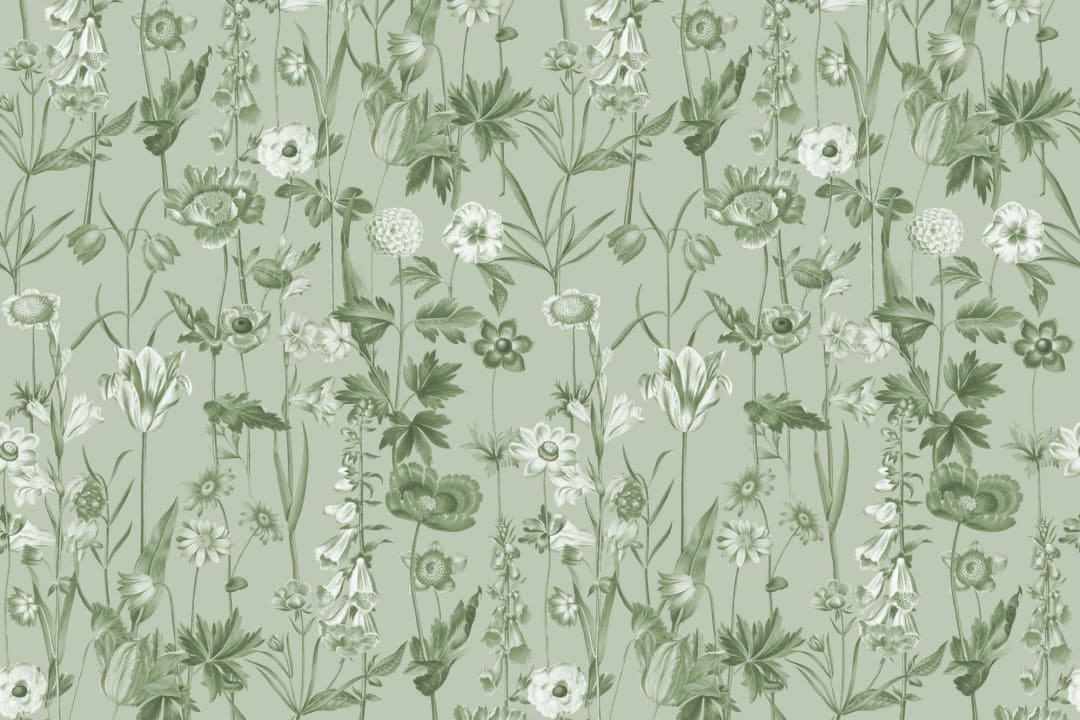 Green Illustrated Wildflower Wallpaper