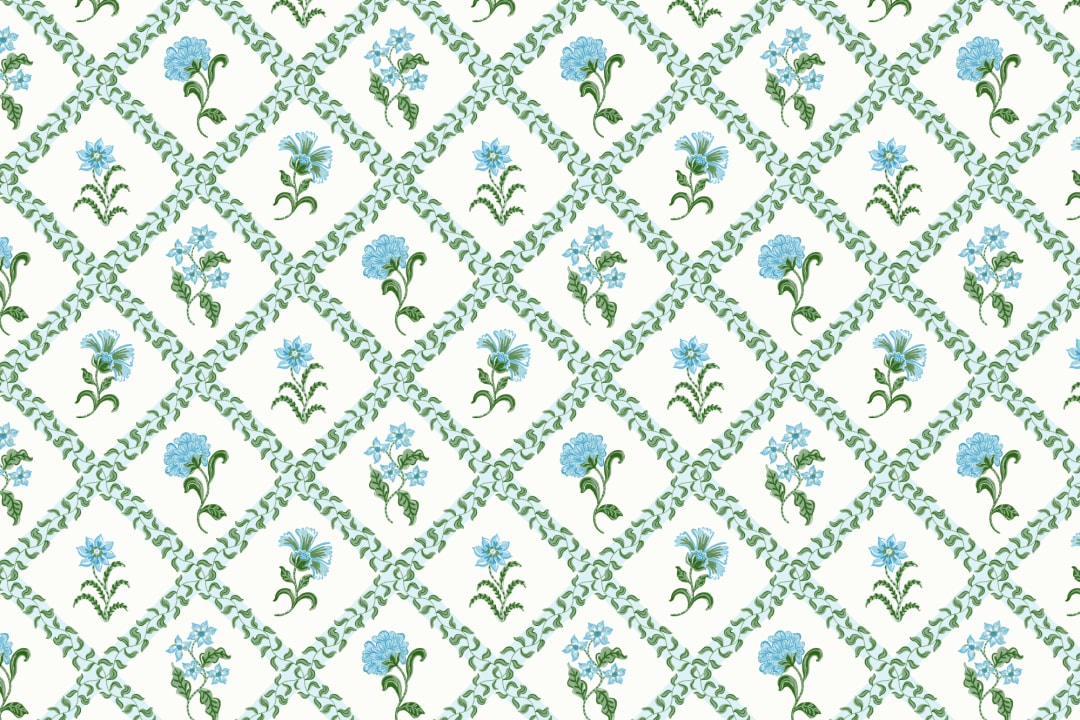 Blue Block Print Botanisk Trellis Mural-tapeter
