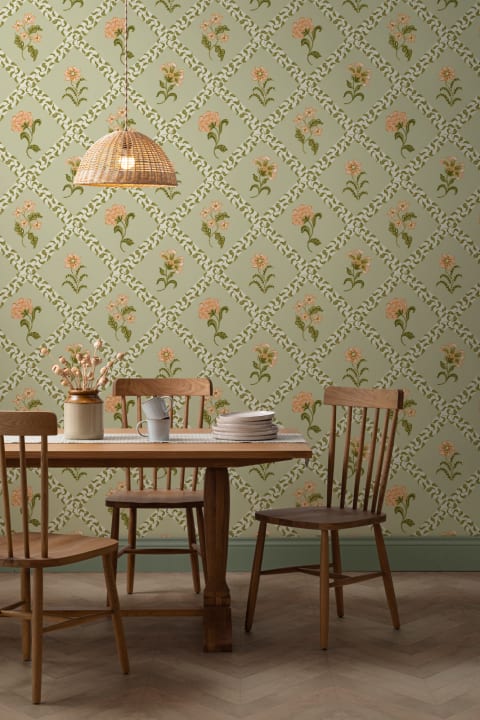 Green Block Print Botanical Trellis Mural