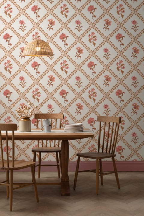 Pink Block Print Botanical Trellis Mural