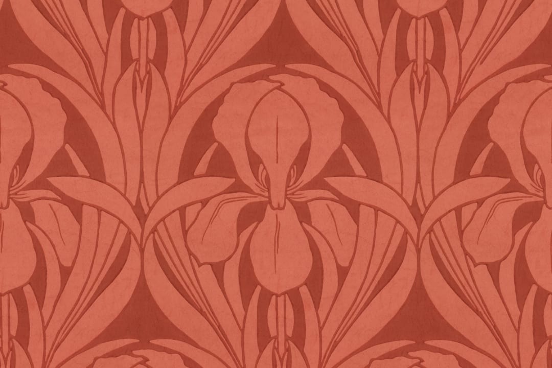 Röd Art Deco Wood Block Iris Mural-tapeter