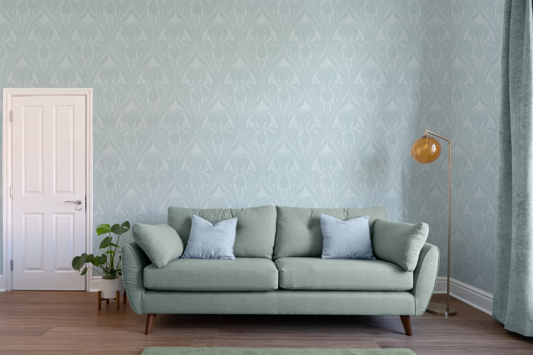 Blå Art Deco Wood Block Iris Mural-tapeter