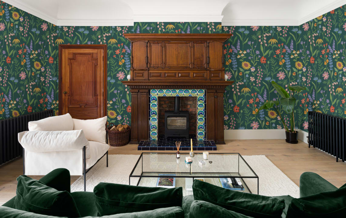 Dark Green Hand Drawn Wildflowers Mural