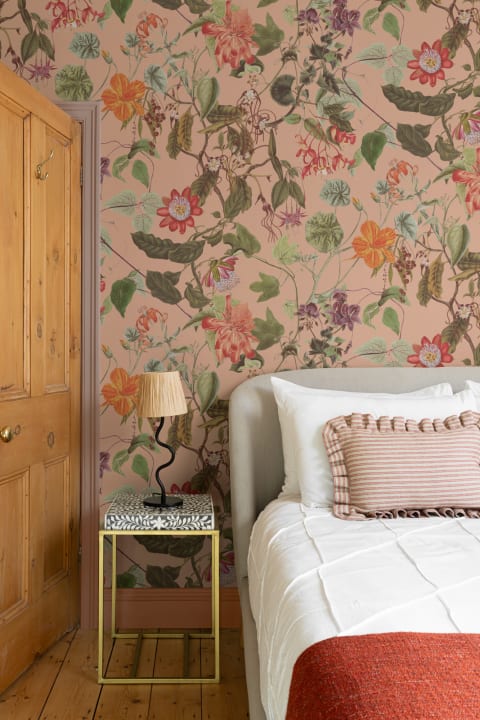 Vintage Botanical Floral Wall Mural in Soft Blush Pink