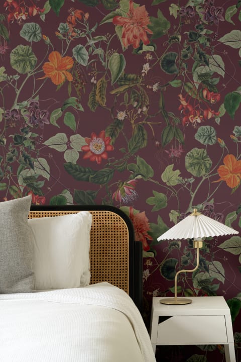 Rich Botanical Floral Wall Mural in Deep Berry Red