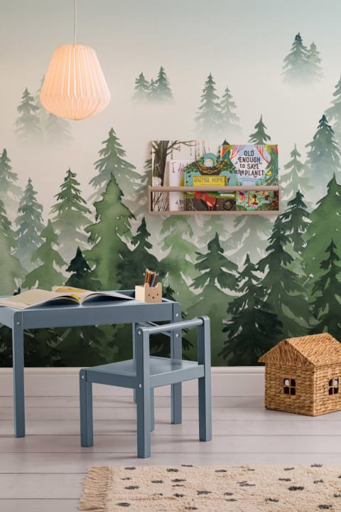 Green Watercolor Forest Tree Silhouette Wallpaper Mural